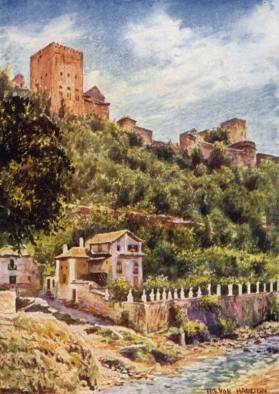 Granada, Villas nas margens do rio Darro (cor litho) de A. Trevor Haddon