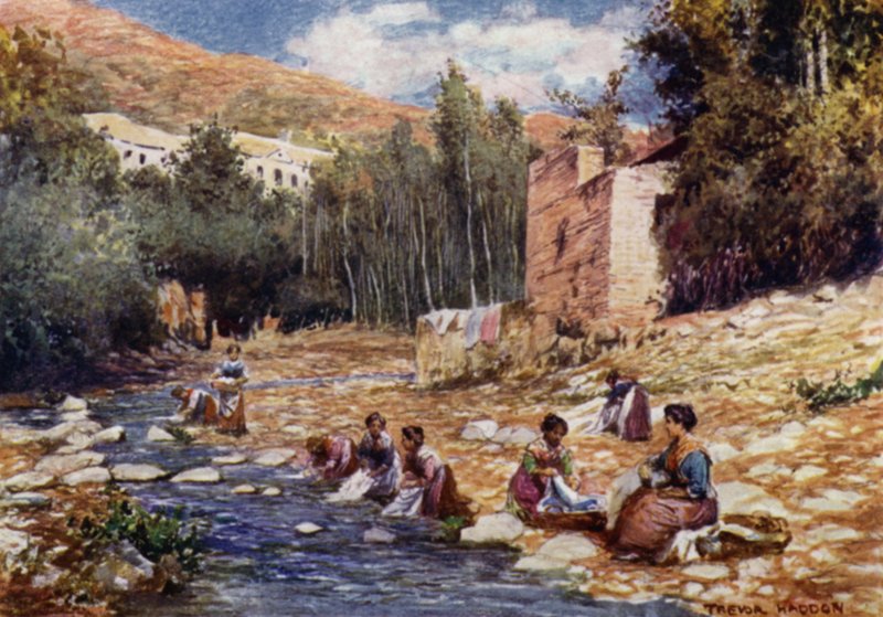 Granada, Villas nas margens do rio Darro (cor litho) de A. Trevor Haddon