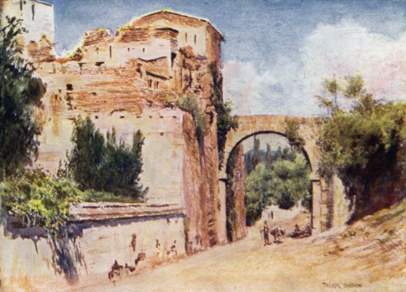 A Alhambra, Torre e Aqueduto (cor litho) de A. Trevor Haddon