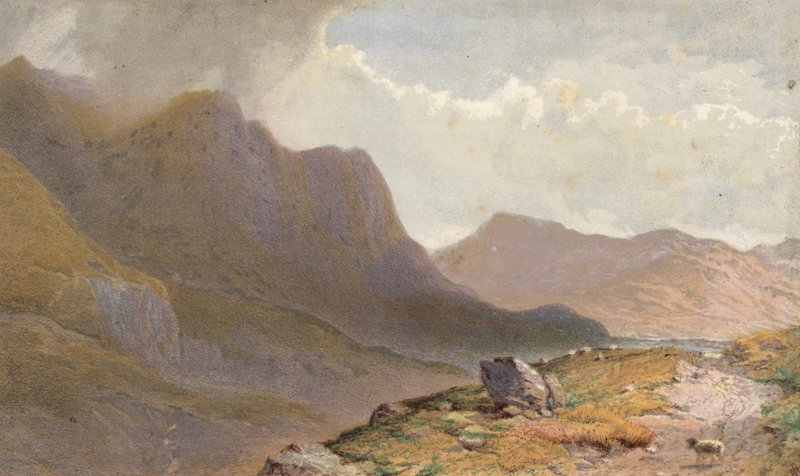 Cena entre Capel Currg e Llyn Ogwen, no topo de Nant Frangon, País de Gales do Norte (cromolitografia) de Aaron Edwin Penley