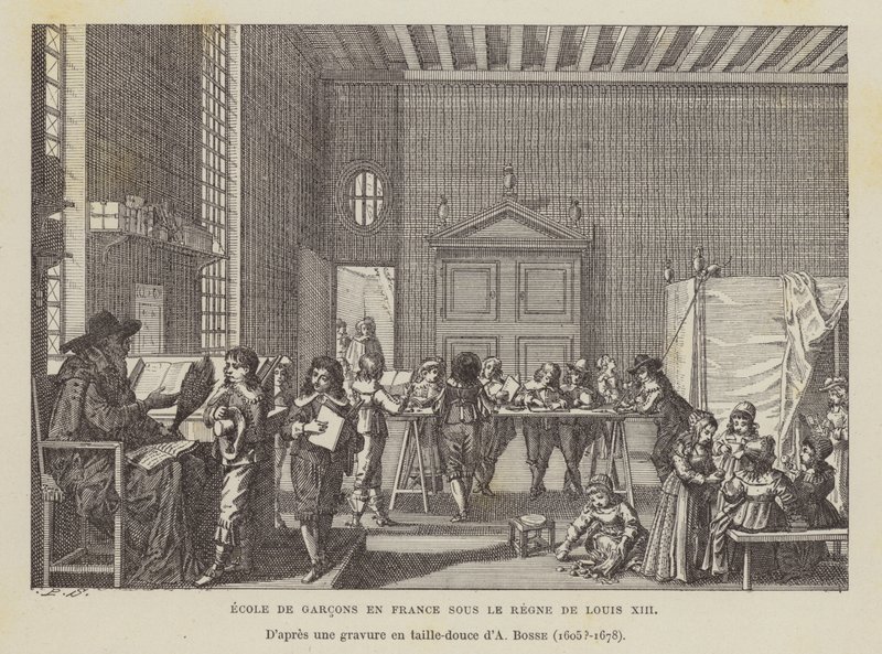 A escola dos meninos franceses durante o reinado de Luís XIII (litho) de Abraham (after) Bosse