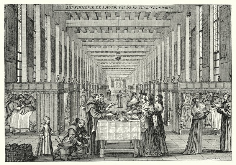 A enfermaria do Hopital de la Charite de Paris (gravura) de Abraham (after) Bosse