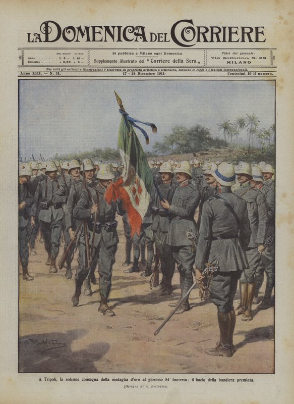 Em Trípoli, a solene entrega da medalha de ouro à gloriosa 84ª infantería, o beijo da bandeira premiada de Achille Beltrame