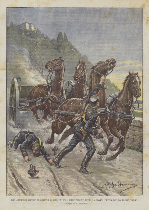 Duas vítimas de artilharia de quatro cavalos Escapar nas colinas ao longo da margem direita do Po, perto de Turim de Achille Beltrame