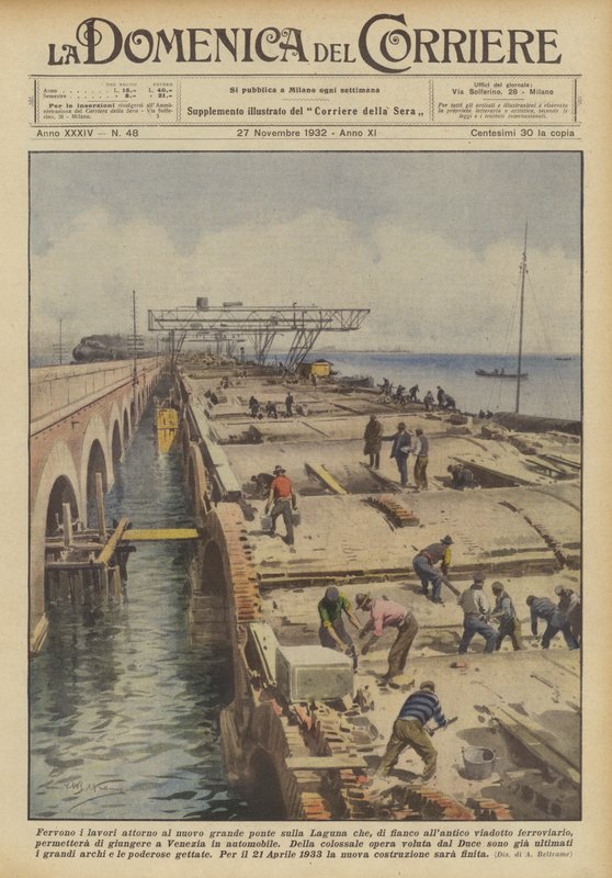 O trabalho está em andamento em torno da nova ponte grande sobre a lagoa que, ao lado do antigo viaduto de Achille Beltrame