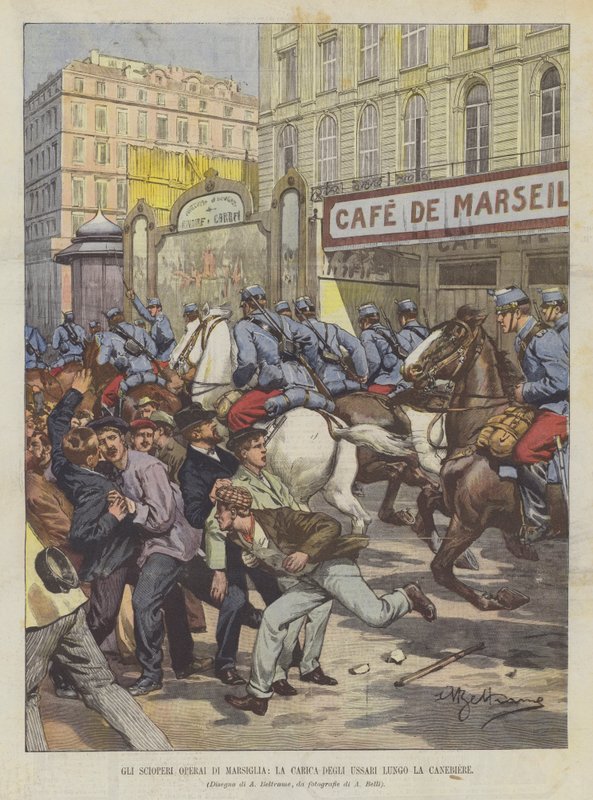 Os greves dos trabalhadores de Marselha, a carga dos Hussars ao longo do Canebiere de Achille Beltrame