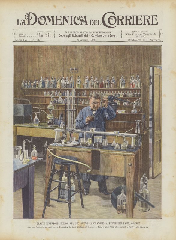 Os grandes inventores, Edison em seu novo laboratório em Lewelleyn Park, Orange de Achille Beltrame