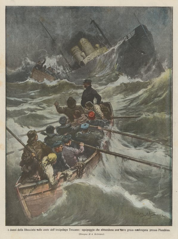O dano da libecciata nas costas do arquipélago toscano, tripulação deixando um navio de Achille Beltrame