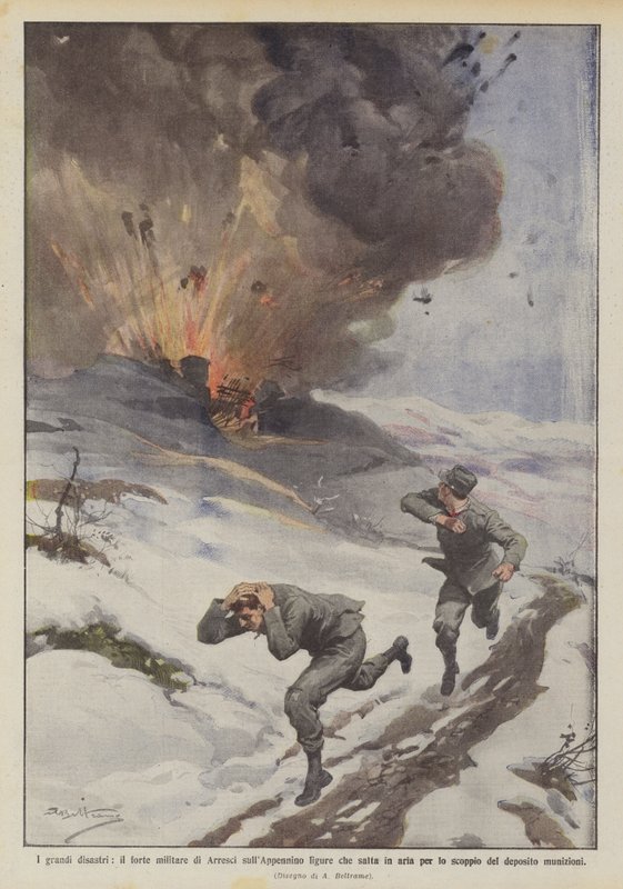 Os grandes desastres, o forte militar de Arresci nos Apeninos da Ligúria saltando no ar por de Achille Beltrame
