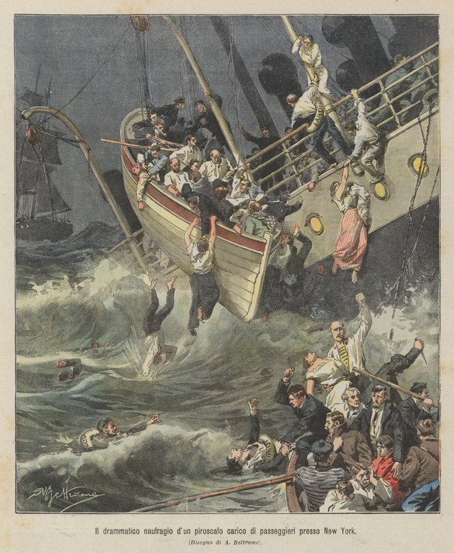 O dramático naufrágio dun steamship com passageiros em Nova York de Achille Beltrame