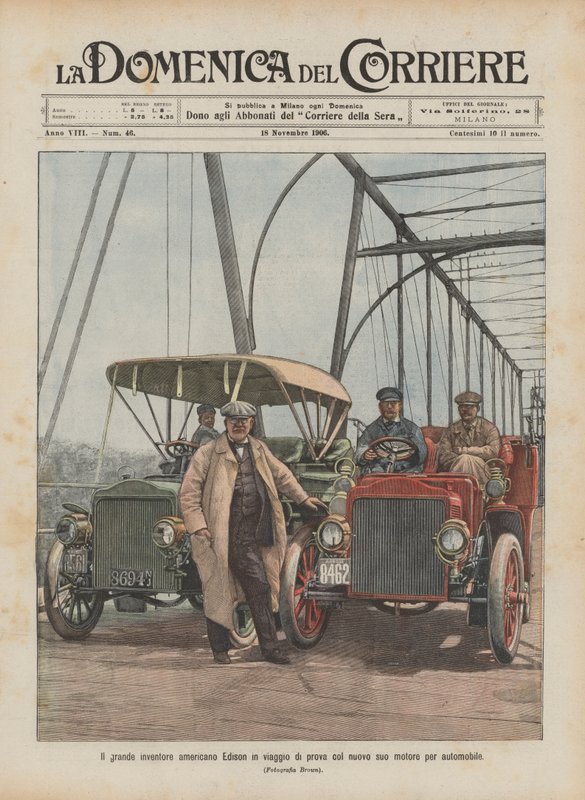 O grande inventor americano Edison em um test drive com seu novo motor de carro de Achille Beltrame