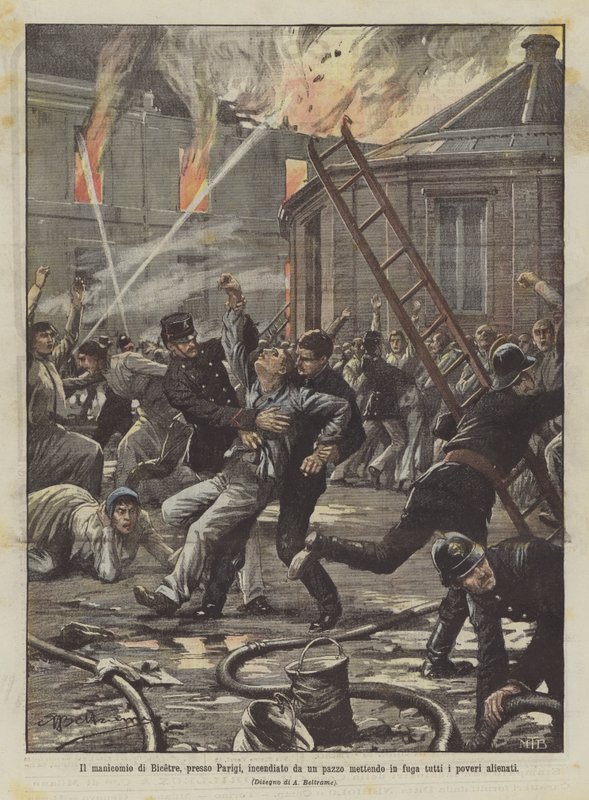 O asilo Bicetre, perto de Paris, incendiado por um louco, fazendo todos os pobres alienados fugirem de Achille Beltrame