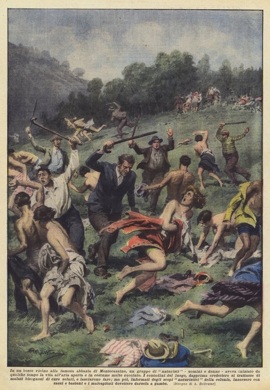 Em uma floresta perto da famosa Abadia de Montecassino, um grupo de naturistas - homens e mulheres de Achille Beltrame