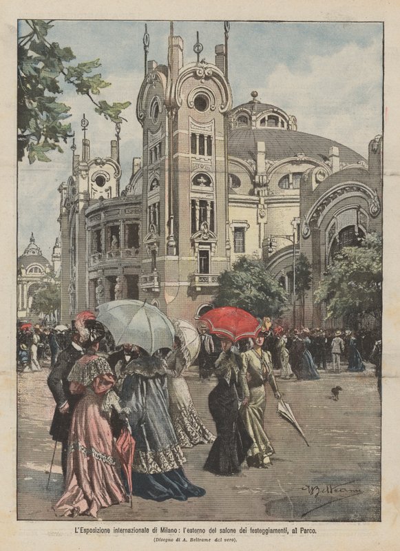A exposição internacional em Milão, fora do salão de festas, no Parque de Achille Beltrame