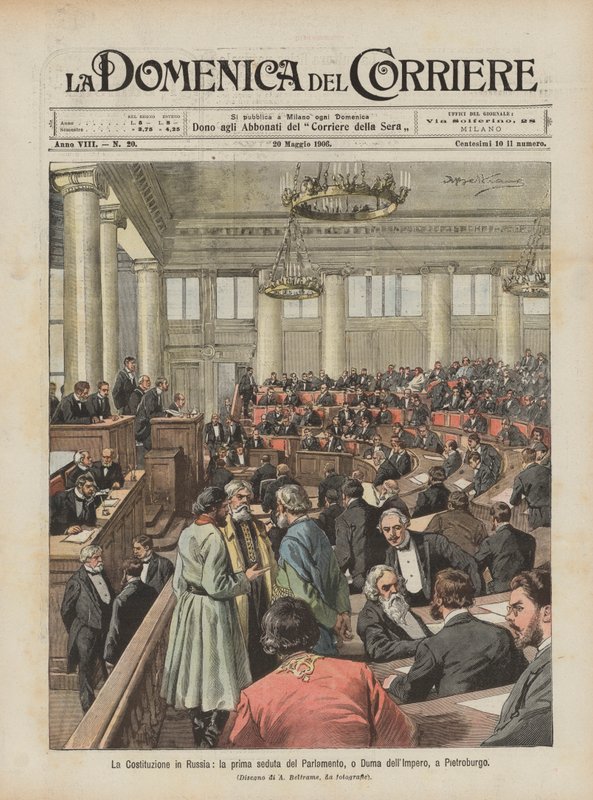 A Constituição na Rússia, a primeira sessão do Parlamento, ou a Duma do Império, em Petersburgo de Achille Beltrame