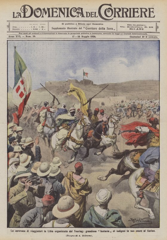 A caravana de viajantes na Líbia organizada pelo Touring, grande fantasia de nativos em sua homenagem no Garian de Achille Beltrame