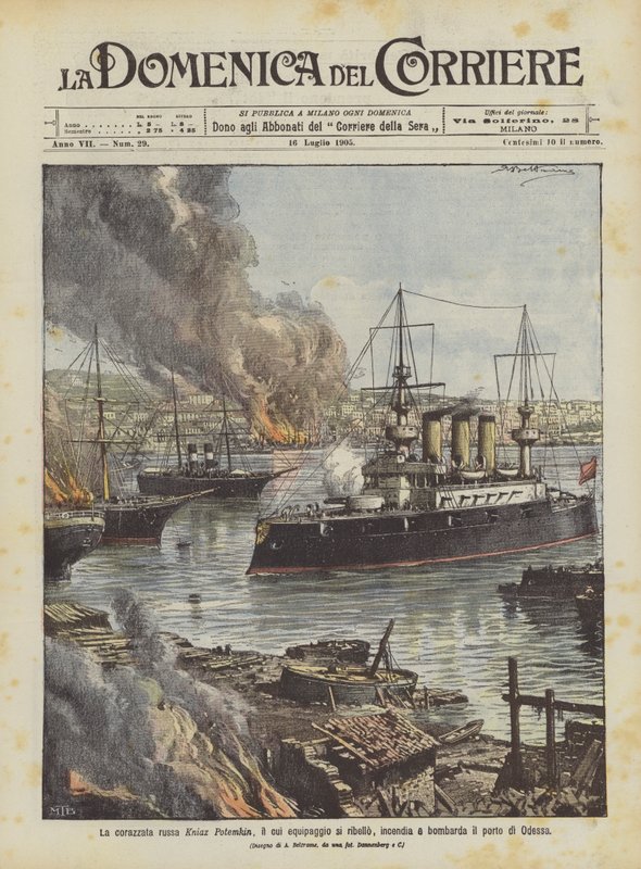 O couraçado russo Kniaz Potemkin, cuja tripulação se rebela, incendeia e bombardeia o porto de Odessa de Achille Beltrame