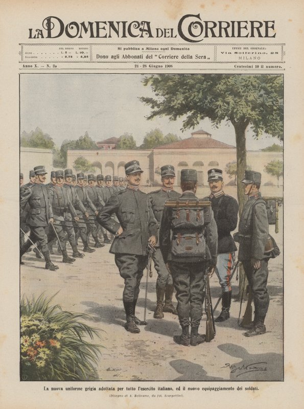 O novo uniforme cinza adotado por todo o exército italiano e o novo equipamento dos soldados de Achille Beltrame