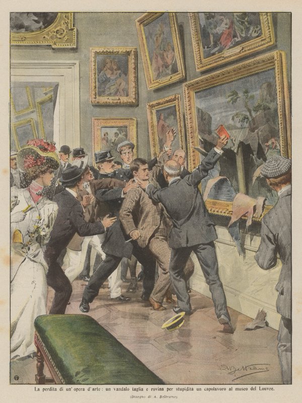 A perda de uma obra de arte, um vândalo corta e destrói uma obra-prima no museu do Louvre de Achille Beltrame