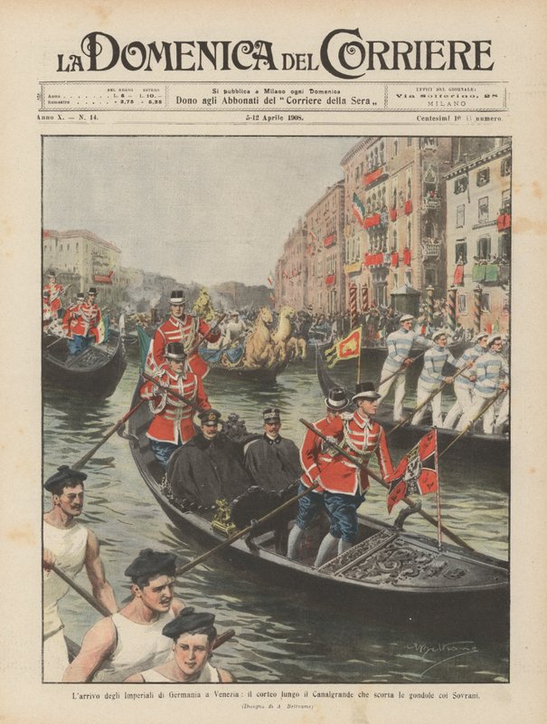 A chegada dos imperialistas alemães em Veneza, a procissão ao longo do Canalgrande que acompanha as gôndolas com os soberanos de Achille Beltrame