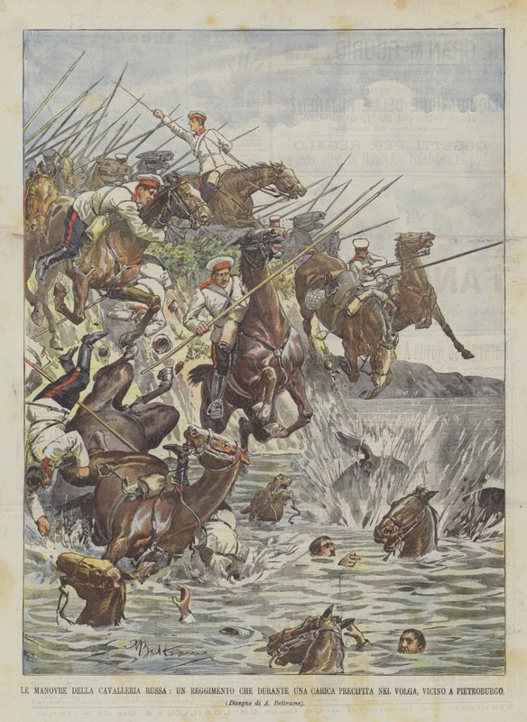 As manobras da cavalaria russa, um regimento que durante uma carga corre no Volga, perto de Petersburgo de Achille Beltrame
