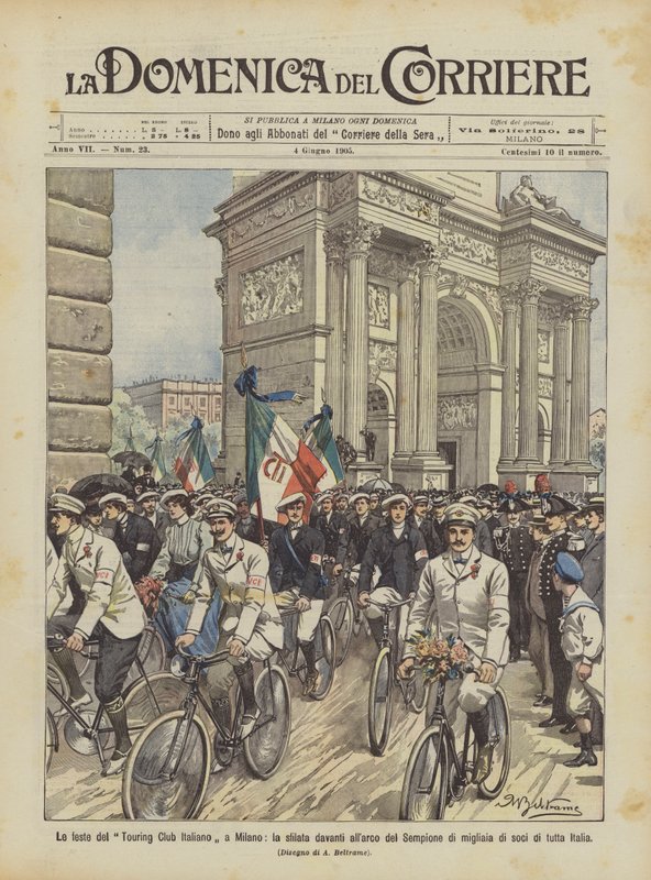 As partes do clube de turismo italiano em Milão, o desfile na frente do Simplon de milhares de Achille Beltrame