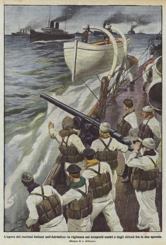 O trabalho de marinheiros italianos no Adriático, a vigilância do nosso transporte e dos Aliados entre as duas margens de Achille Beltrame