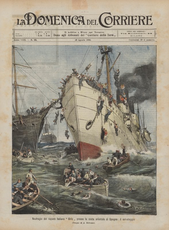 Naufrágio do vapor italiano Sirio na costa leste da Espanha, resgate de Achille Beltrame