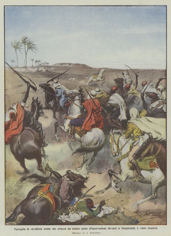 Patrulha de cavalaria árabe que ataca um dos nossos postos de observação em frente a Gargaresch, e é rejeitada de Achille Beltrame