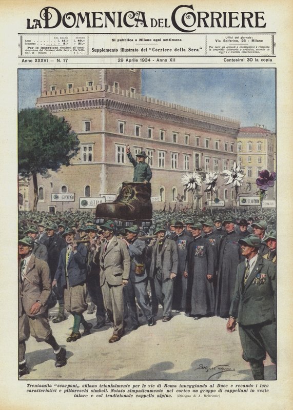 Trinta mil botas desfilam triunfalmente pelas ruas de Roma, elogiando o Duce e trazendo as dele de Achille Beltrame