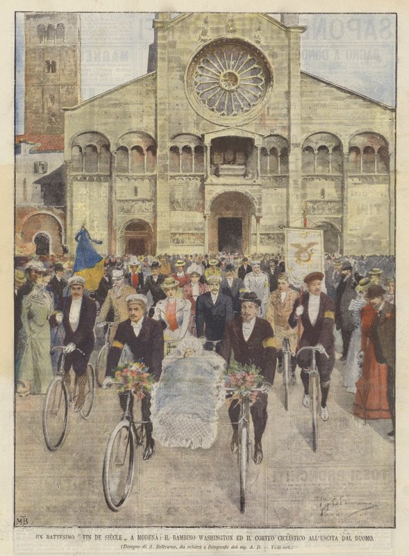 Um batismo Fin De Siecle Em Modena, A Criança Washington E O Ciclista Procissão AllUscita Do Duomo de Achille Beltrame