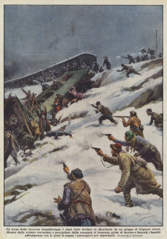 Um trem da ferrovia trans-siberiana foi desviado para a Manchúria por um grupo de bandidos chineses de Achille Beltrame