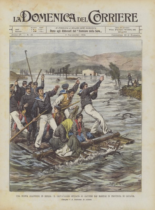 Um novo dilúvio na Sicília, o resgate operado em jangadas pelos marinheiros na província de Catania de Achille Beltrame