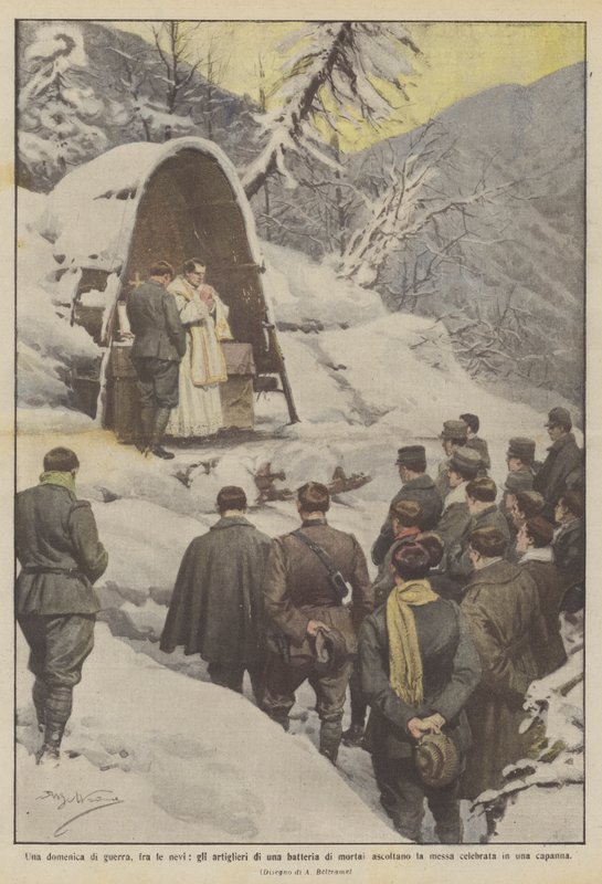 Um domingo de guerra, entre as neves, os artilheiros de uma bateria de morteiros ouvem a missa de Achille Beltrame