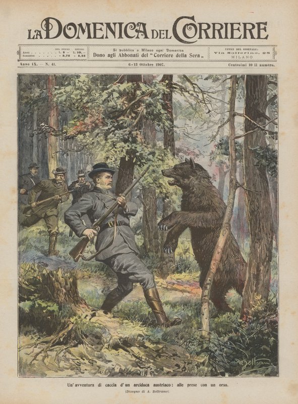 Uma aventura de caça por um arquiduque austríaco, lutando com um urso de Achille Beltrame