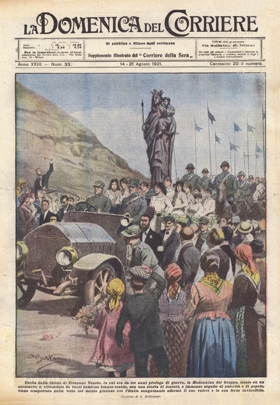 Sair da igreja de Crespano Veneto, onde ele tinha sido um refugiado de guerra por três anos, o Madonnina del de Achille Beltrame