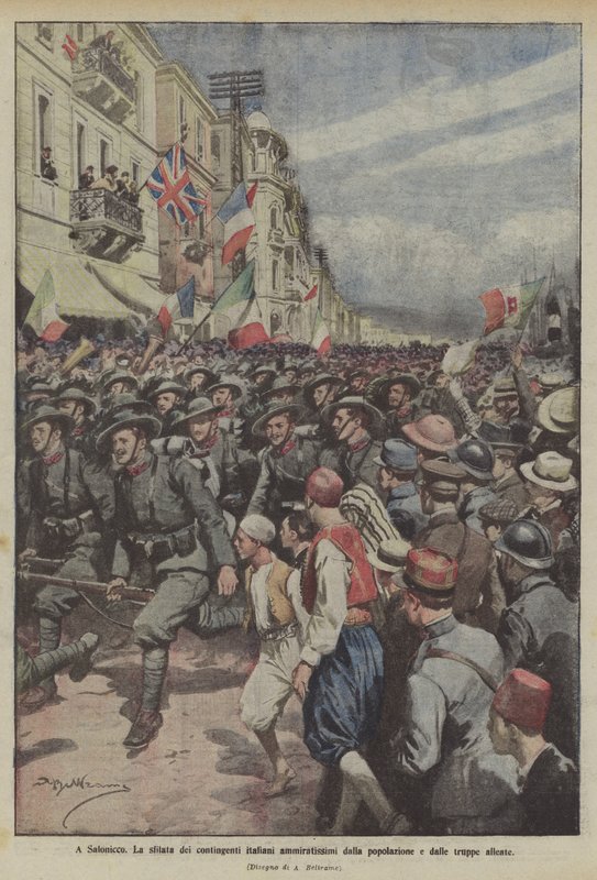 Em Salónica, o desfile de contingentes italianos admirado pela população e pelas tropas aliadas de Achille Beltrame