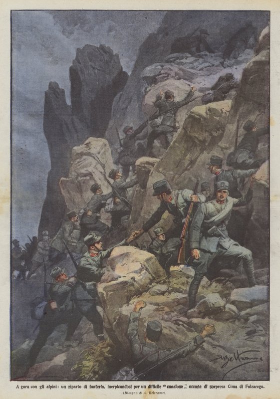 Correr com o Alpini, uma divisão de infantaria, escalando por um canal pesado difícil de Achille Beltrame