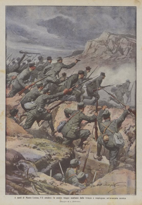 Ao norte de Monte Coston, no dia 11 de outubro, nossas tropas saem das trincheiras e repelem uma fortaleza inimiga de Achille Beltrame
