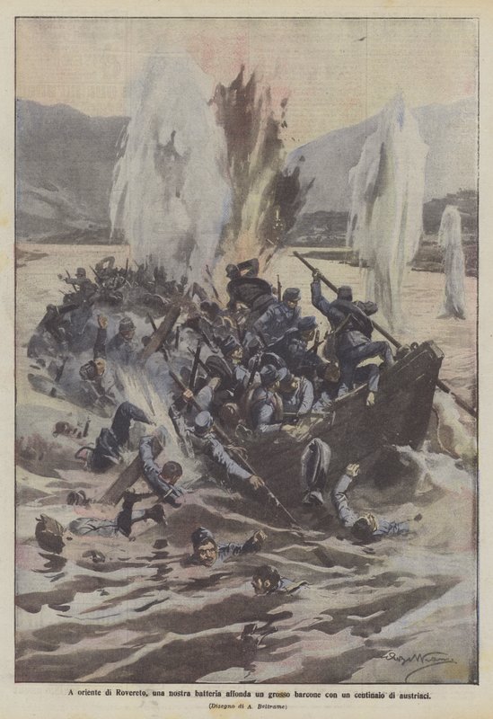 Para o leste de Rovereto, um dos nossos tambores afunda um grande barco com cem austríacos de Achille Beltrame
