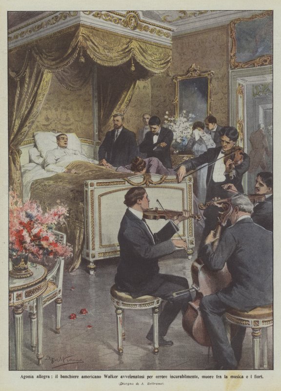 Agonia alegre, o banqueiro americano Walker envenenado por erro incuravelmente, morre entre música e flores de Achille Beltrame