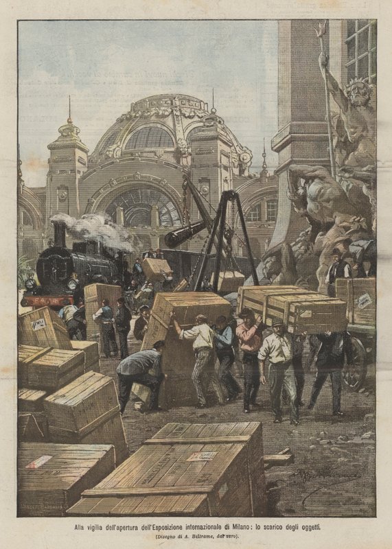 Na véspera da abertura da Exposição Internacional de Milão, o descarregamento de objetos de Achille Beltrame