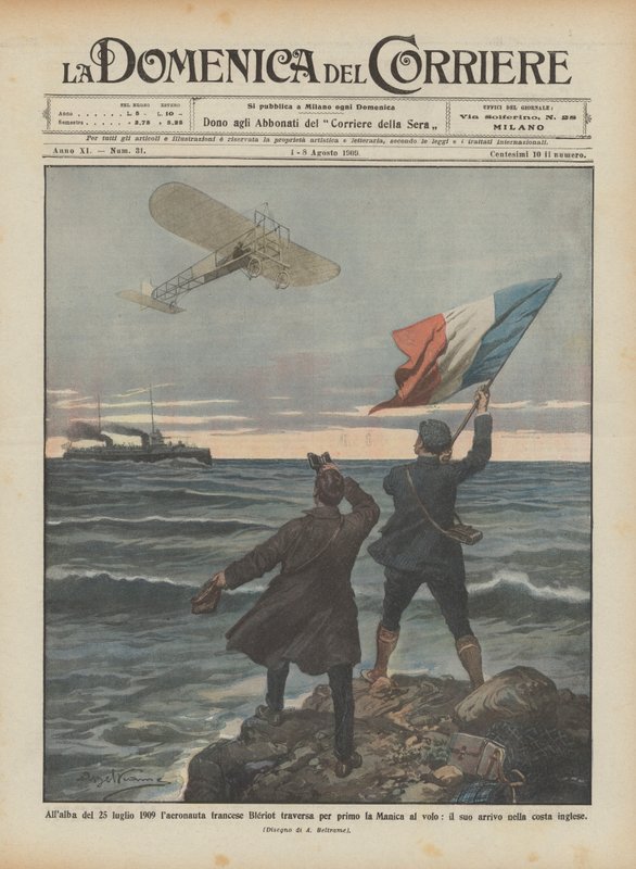 Na madrugada de 25 de julho de 1909, a francesa Bleriot foi a primeira a atravessar o canal da Mancha. de Achille Beltrame