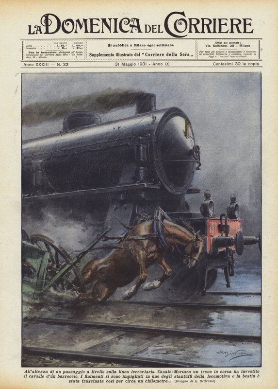 Um trem está correndo em uma passagem de trem na linha férrea de Casale-Mortara de Achille Beltrame