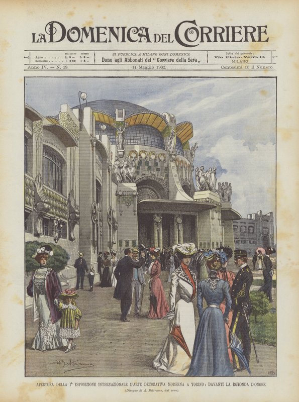 Abertura da 1ª Exposição Moderna Decorativa Internacional em Turim, em frente à Rotonda DOnore de Achille Beltrame