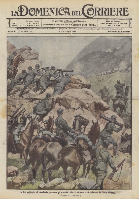 Patrulhas de cavalaria ardentes pressionam os austríacos que se retiram do planalto dos Sete Municípios de Achille Beltrame