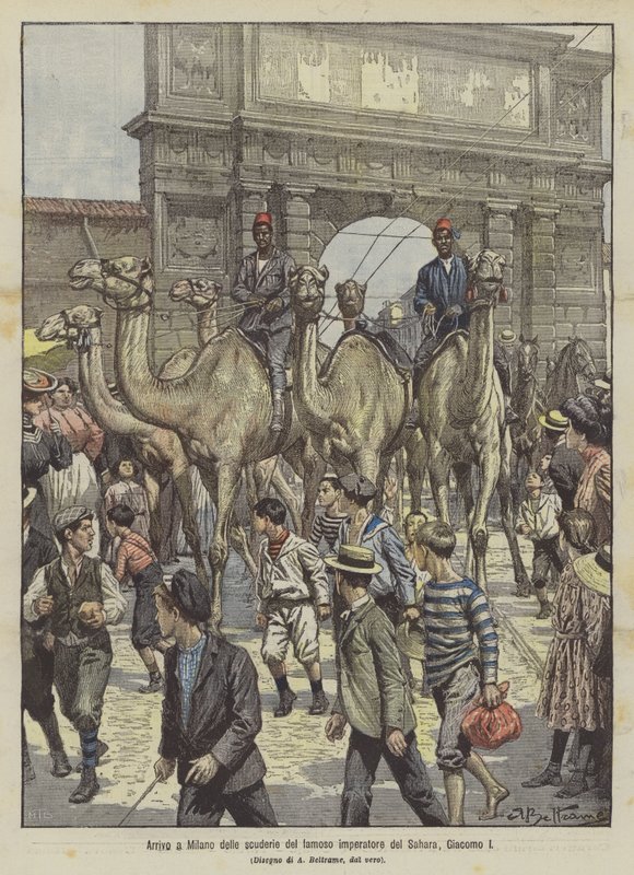 Chegada a Milão dos estábulos do famoso imperador do Saara, James I de Achille Beltrame