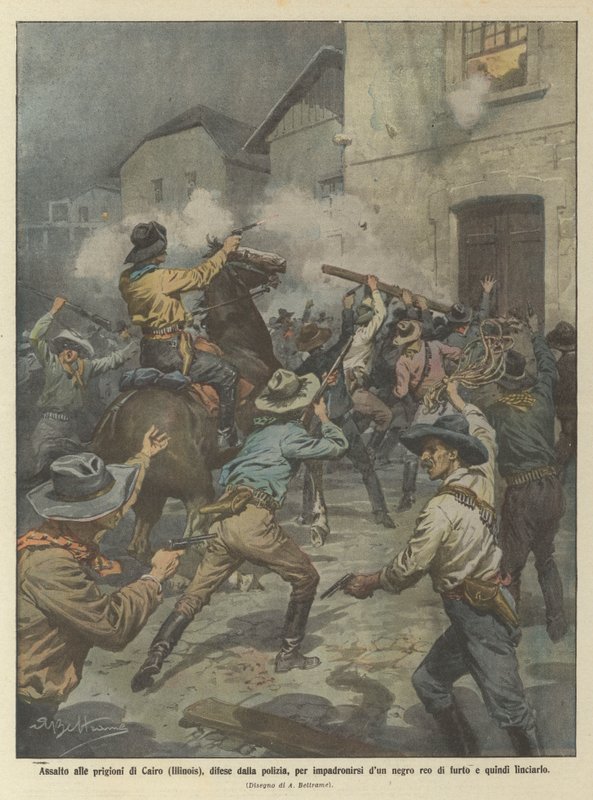 Assalto às prisões do Cairo (Illinois), defendido pela polícia, para se apossar do dun negro guo de Achille Beltrame