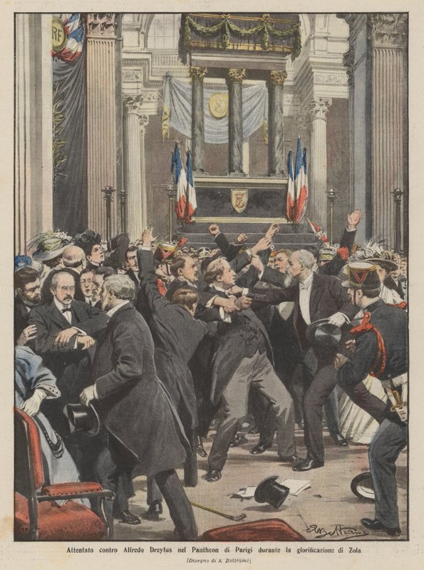 Ataque a Alfredo Dreyfus no Panteão de Paris durante a glorificação de Zola de Achille Beltrame