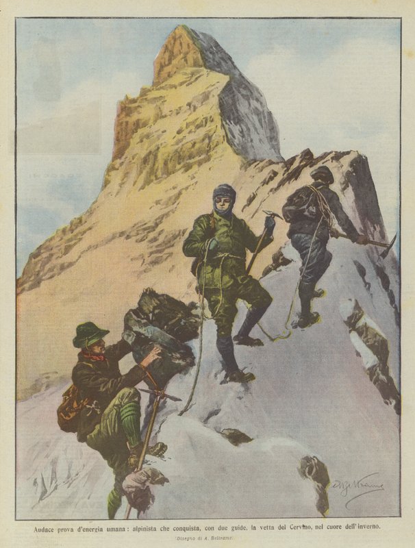 Prova ousada de energia humana, montanhista que conquista, com dois guias, o cume do Matterhorn, no coração do inverno de Achille Beltrame